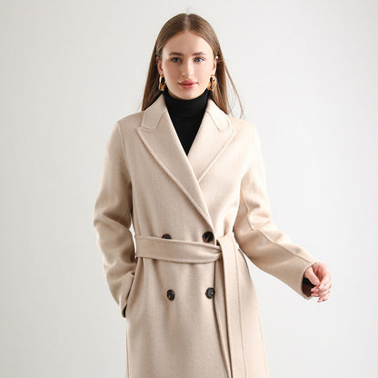 Women's Mid-length Woolen Wool Overcoat Coat Beige - D&A