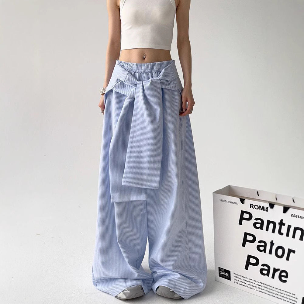 Lace-up Loose Straight Striped Wide-leg Pants Design Sense - D&A
