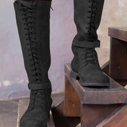 Long Boots Female High Tube Lace-up Low Heel Black - D&A