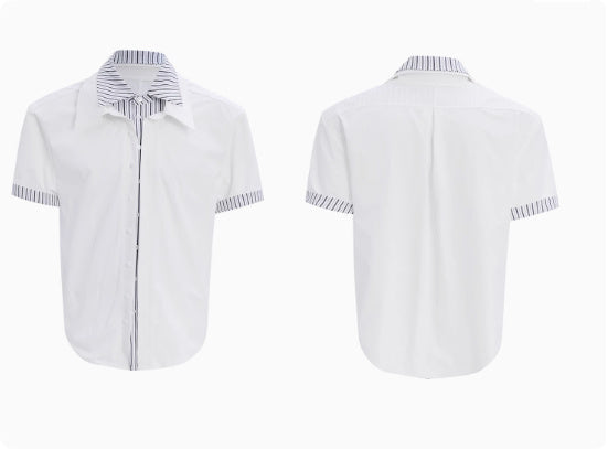 Male Niche Striped Contrasting Patchwork Shirt Top White short sleeved - D&A