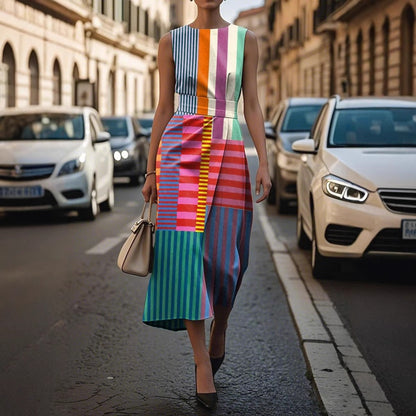 Sleeveless Plus Size Artistic Oil Painting Stripes Elegant Dress - D&A