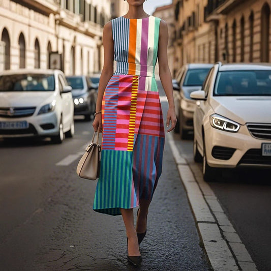 Sleeveless Plus Size Artistic Oil Painting Stripes Elegant Dress - D&A