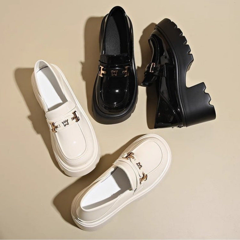 Slip-on Chunky Heel Black Leather Shoes - D&A