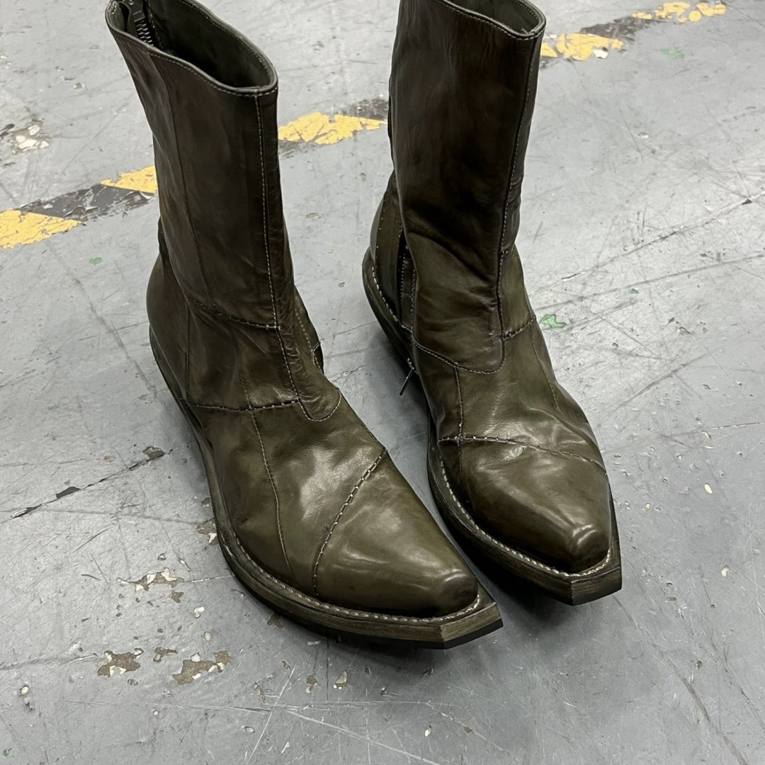 Men's Retro Dark Stitched Patchwork Square Toe Boots - D&A