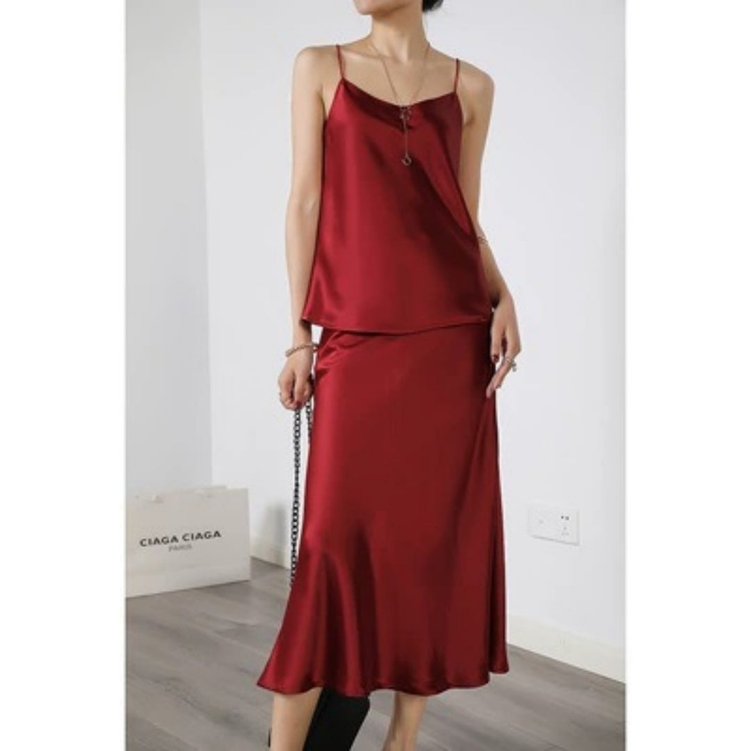 Acetate Silky Satin Women's A- Line Skirt Slimming Wine Red - D&A