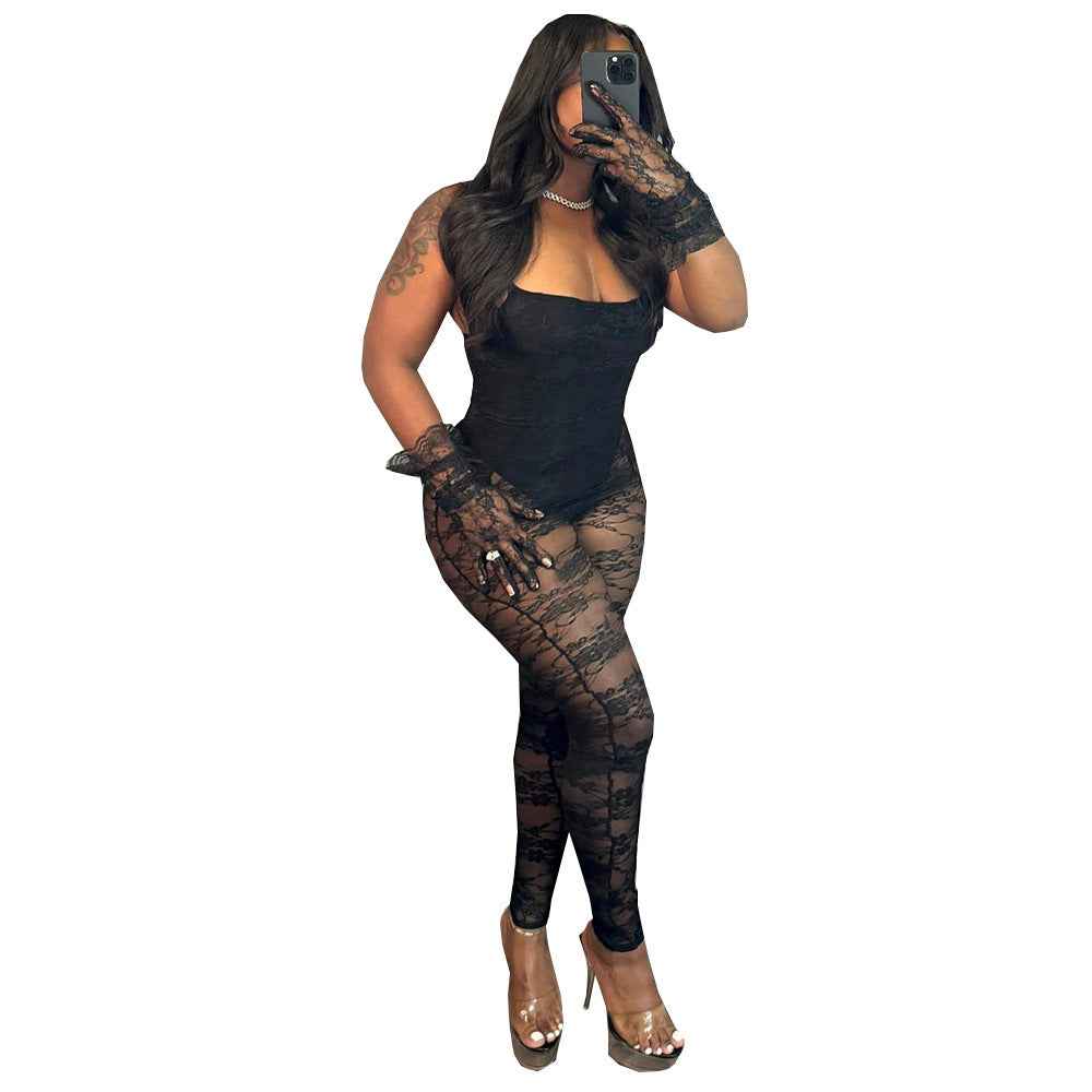 Sexy Women Clothing Sling Style Stitching Sheer Cutout High Elasticity Jumpsuit