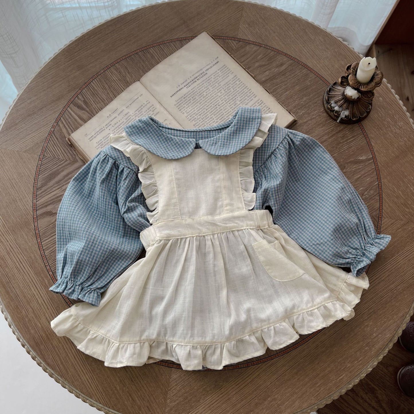 Infant Single-breasted Long Sleeve Small Plaid Romper Sling Small Overskirt - D&A