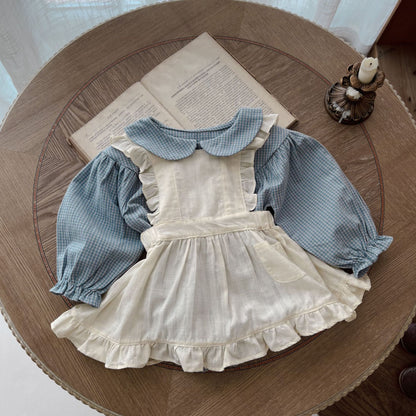 Infant Single-breasted Long Sleeve Small Plaid Romper Sling Small Overskirt - D&A