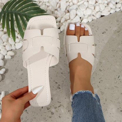 Solid Color Lightweight Flat Slippers Women's Outdoor Beach Sandals Creamy white - D&A