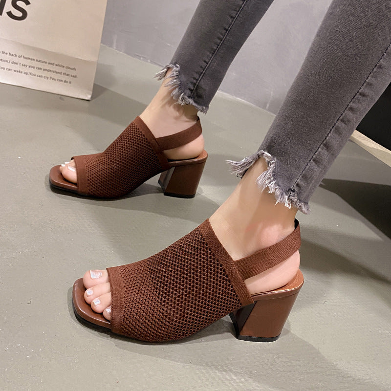 European And American Flying Woven High Heel Chunky Heel Sandals For Women - D&A
