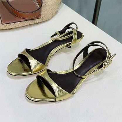 Women's Leather French-style Retro Open Toe Sandals With Kitten Heel Gold - D&A