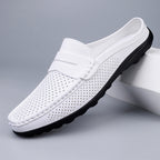 Casual Hollow Leather Shoes Breathable Half Slippers - D&A