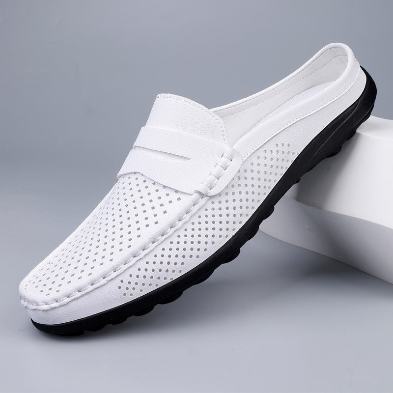 Casual Hollow Leather Shoes Breathable Half Slippers - D&A