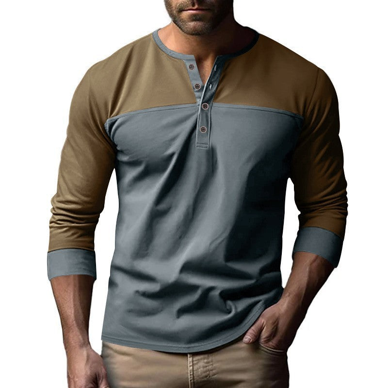 Retro Trendy Long-sleeve Color Matching Henry Collar Bottoming Shirt Casual T-shirt - D&A