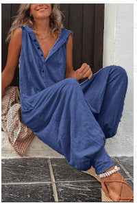 Hot Selling Button Up Hooded Sleeveless Pants In Stock, Jumpsuit With Pockets