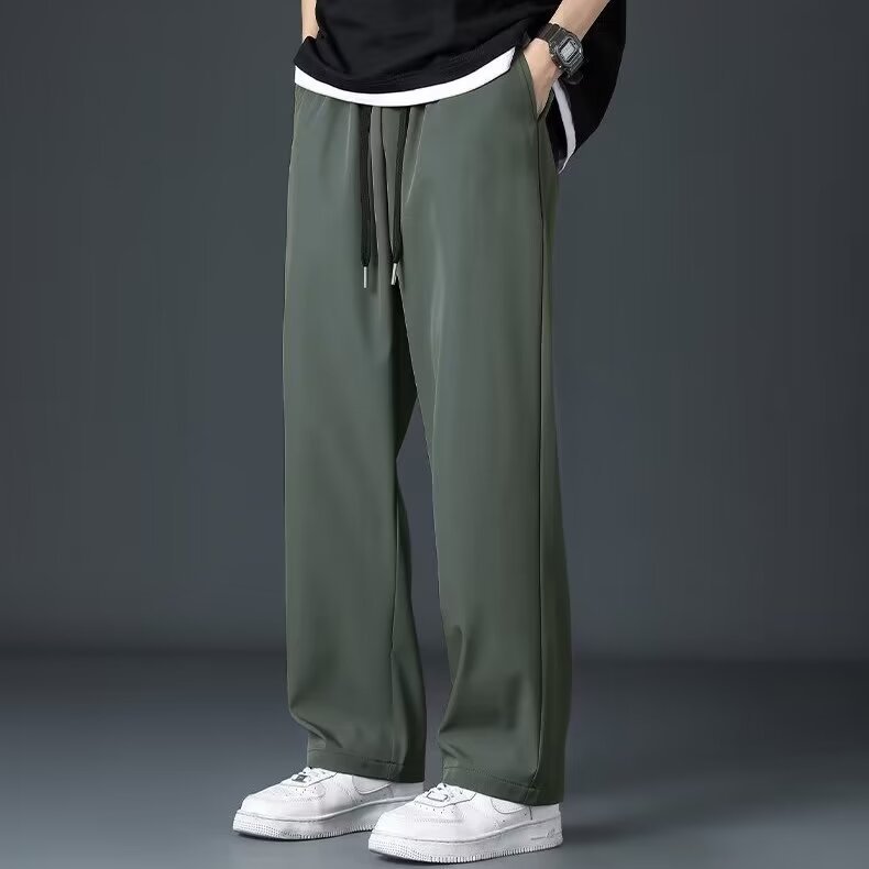 Ice Silk Men's Summer Thin High Street Drooping Straight Wide Leg Pants Green - D&A