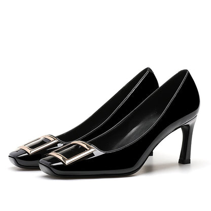 Square Buckle Flats Patent Leather Square Toe Low-cut Shoes Black 7cm - D&A