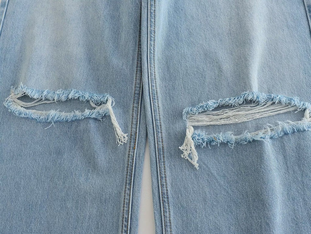 Spring And Summer Women's Perforated Hole Decoration High Waist Wide Leg Jeans - D&A