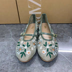 Women's Shoes Green Flower Embroidered Mesh Cloth Ballerina Flats New Guo Feng - D&A