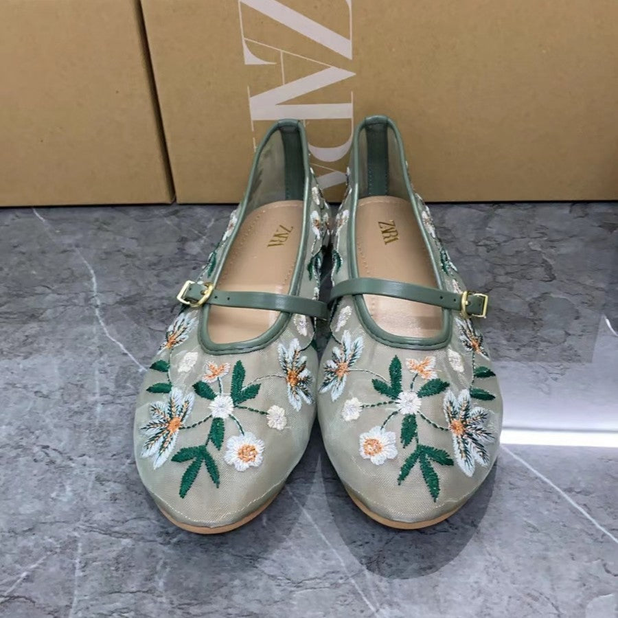 Women's Shoes Green Flower Embroidered Mesh Cloth Ballerina Flats New Guo Feng - D&A