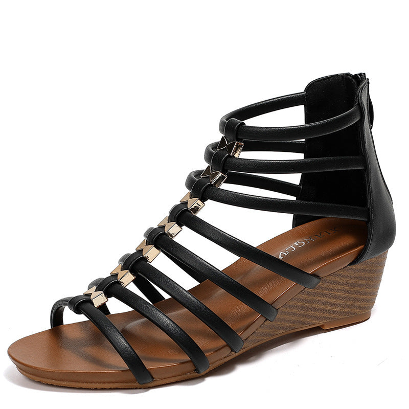 Women's Wedge Sandals With Casual Seaside Vacation Roman Sandals Black - D&A