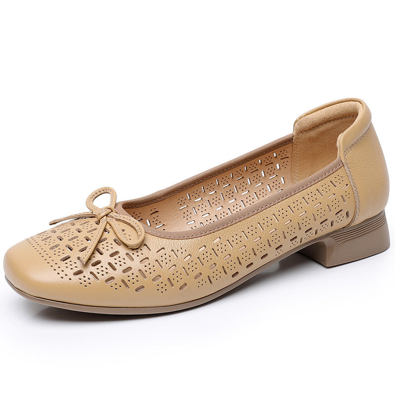 Summer Genuine Leather Breathable Low-cut Women's Shoes Apricot - D&A