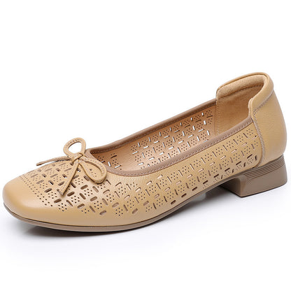 Summer Genuine Leather Breathable Low-cut Women's Shoes Apricot - D&A