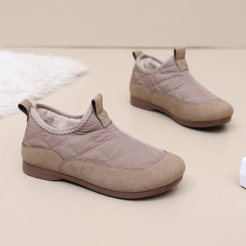 Winter Cloth Shoes For Women Plus Velvet Soft Bottom One Pedal Cotton Shoes Warm Flat Bottom Gommino Khaki Smaller Size - D&A