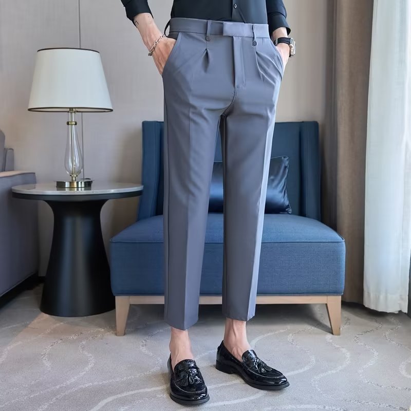 High Waist Straight Double Pleated Casual Suit Pants - D&A