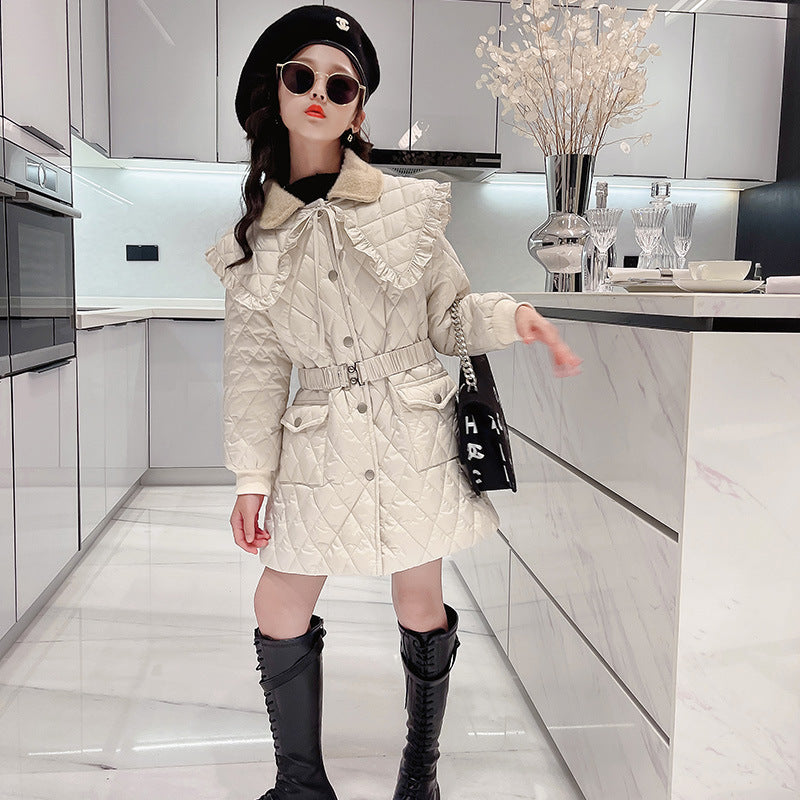 Large Lapel Warm Padded Jacket With Fleece Thick Coat Waist Beige - D&A