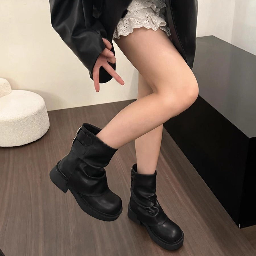 British Street Pleated Sleeve Slugged Bottom Boots - D&A