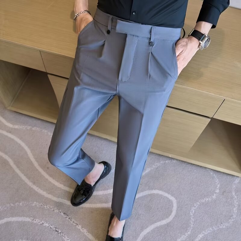 High Waist Straight Double Pleated Casual Suit Pants - D&A
