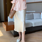 Acetate Silky Satin Women's A- Line Skirt Slimming Apricot - D&A