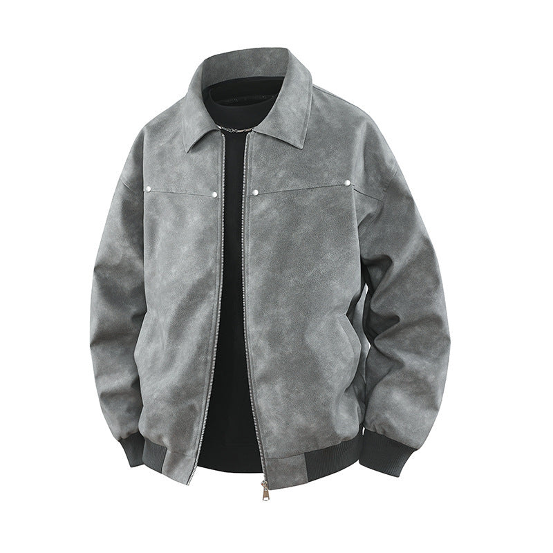 American Retro Brown Lapel Leather Coat Light Gray - D&A