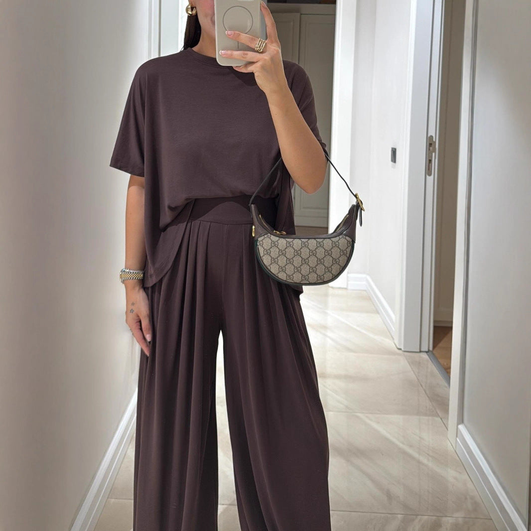 Casual Solid Color Loose Comfortable Wide-leg Pants Two-piece Women's Clothing Brown - D&A