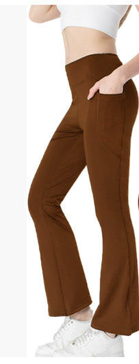 Ladies Mid Waist Abdominal-shaping Slimming Cropped Pants Casual Pocket Bootcut Trousers Coffee - D&A