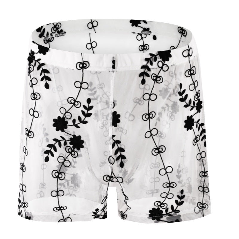 Mesh Sexy Arrow Loose Four-corner Transparent Lace Personality Pants White - D&A