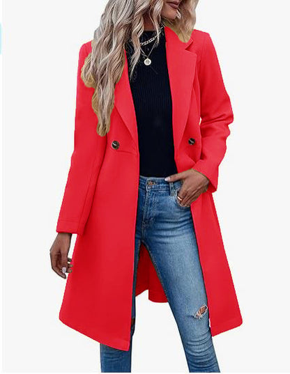 Long Woolen Women's Waist-controlled Lace-up Double Breasted Coat Red - D&A