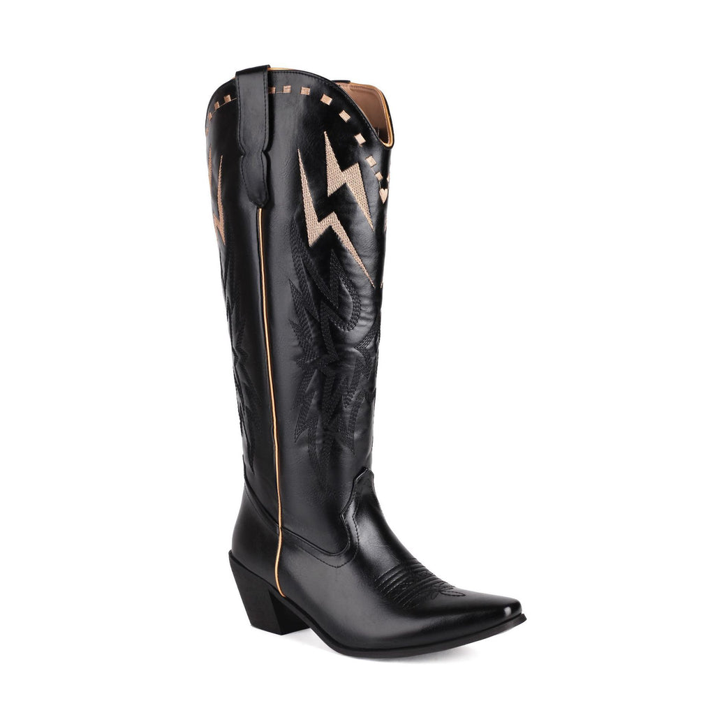 Lightning Embroidery Knee-high Boots Women Black - D&A