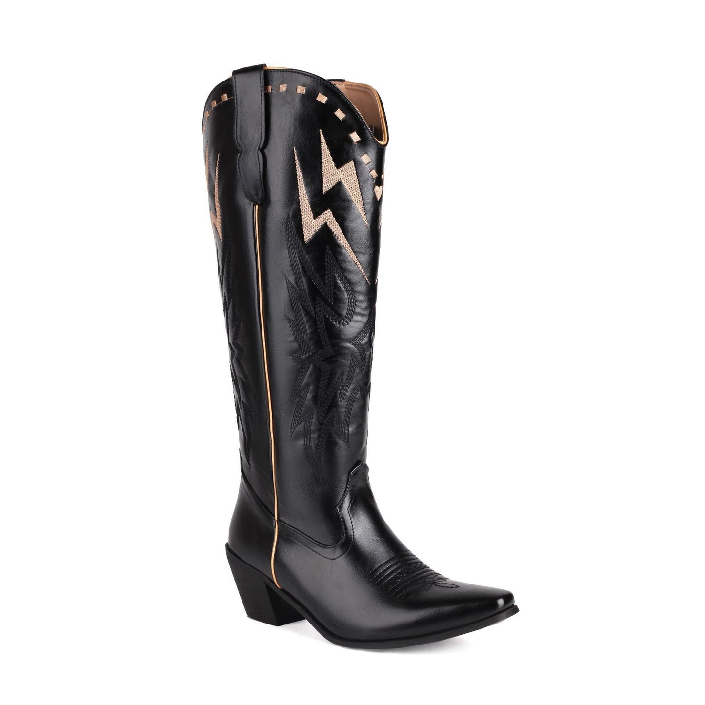 Lightning Embroidery Knee-high Boots Women Black - D&A
