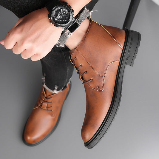 Retro Lace Up Denim Trendy Mid-length Warm Non-slip Men's Martin Boots - D&A