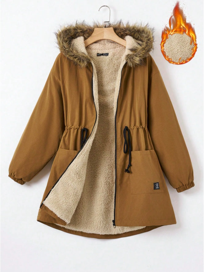 EZwear Drawstring Waist Fuzzy Trim Hooded Thermal Lined Drawstring Waist Coat Brown - D&A