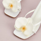 White Flower Decorative Flip-toe Square Toe High Heel Sandals - D&A
