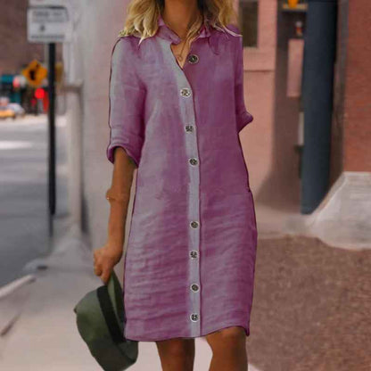 Women's Solid Color Shirt Collar Mid-Sleeve Dress With Oversized Buttons - Simple & Elegant Spring&Summer Dress