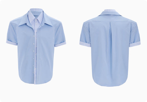 Male Niche Striped Contrasting Patchwork Shirt Top Blue short sleeved - D&A