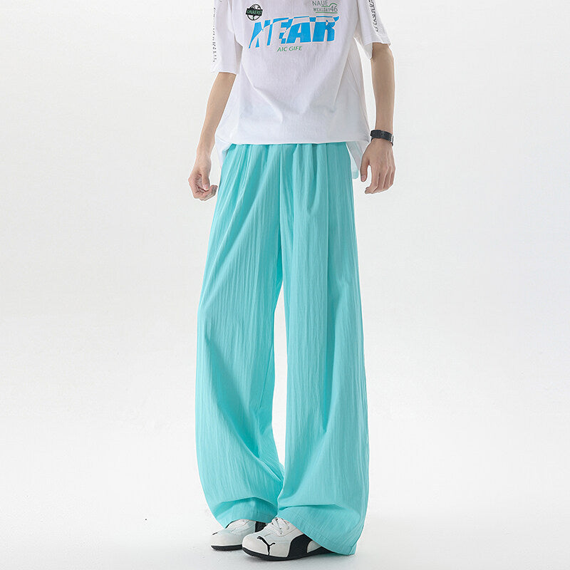 Basamine Ice Silk Drooping Curtain Lazy Men's Summer Mopping Wide-leg Casual Pants Lake Blue - D&A