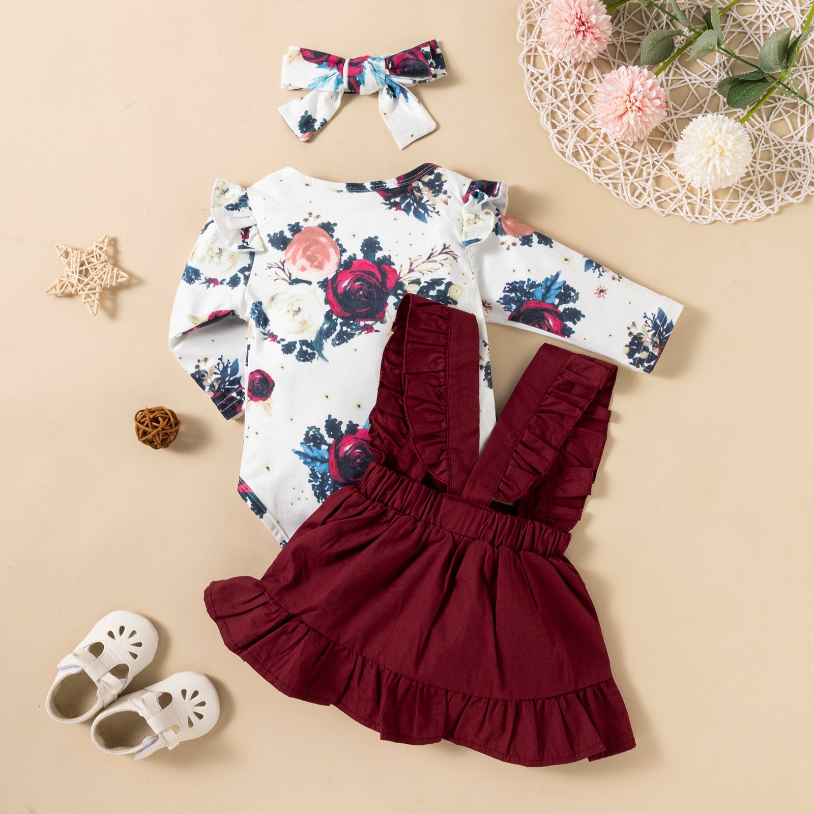 Printed Long-sleeved Baby Girl Romper Two-color Strap Ruffled Dress Headdress Three Pieces - D&A