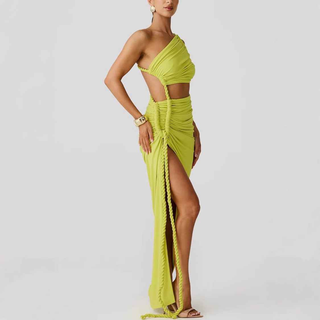 Fashion One Shoulder Tube Top Backless Hollow Tether Ruched Dress