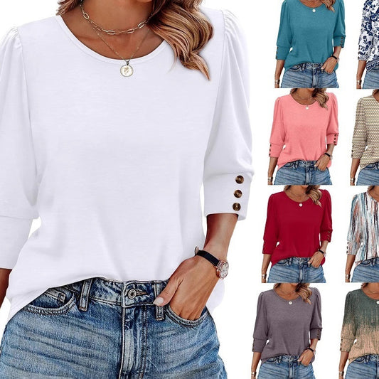 Women's Printed Elegant 34 Sleeves Round Neck T-shirt With Buttons - D&A