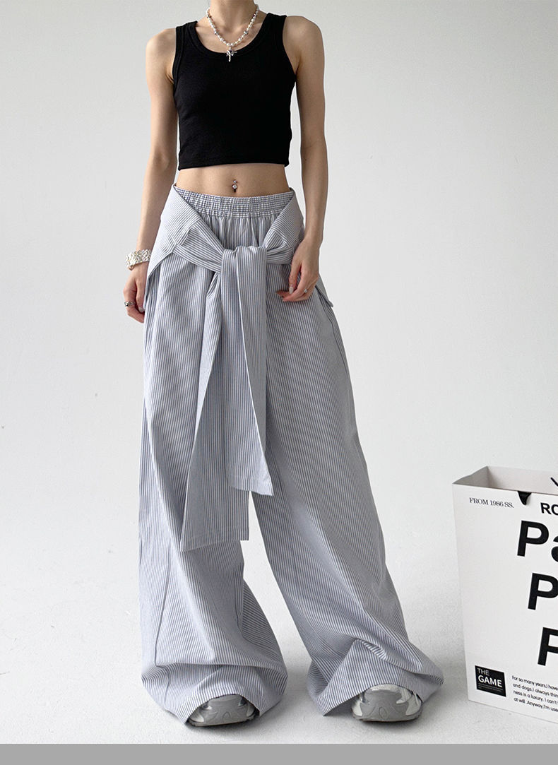 Lace-up Loose Straight Striped Wide-leg Pants Design Sense Gray - D&A